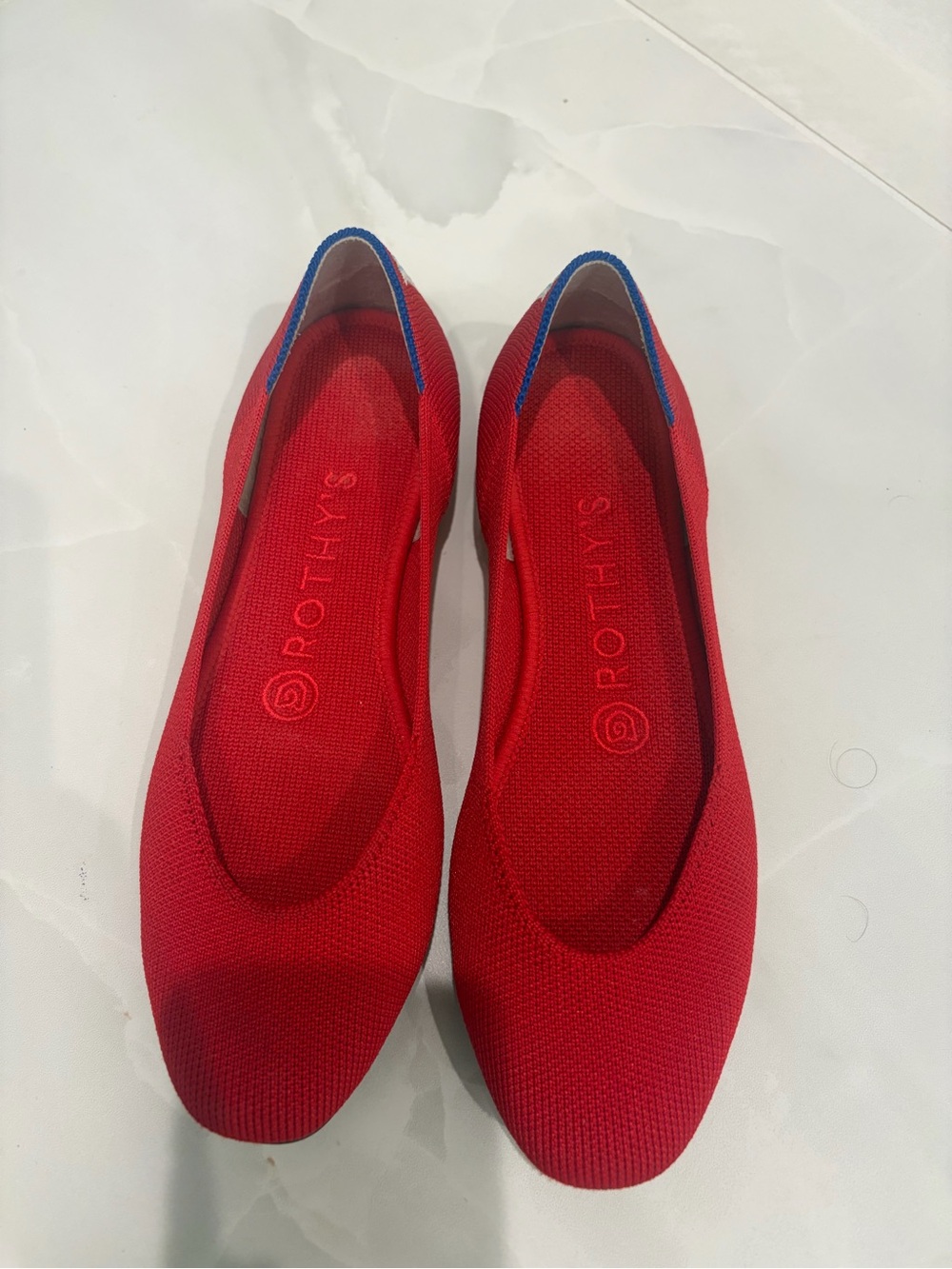 Rothy's Red Knit Pointed Ballet Flat with Blue Trim